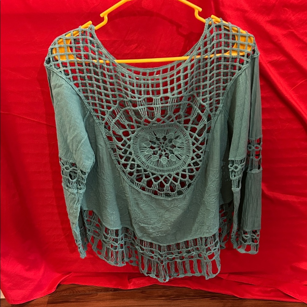 Teal Crochet Long Sleeve Top